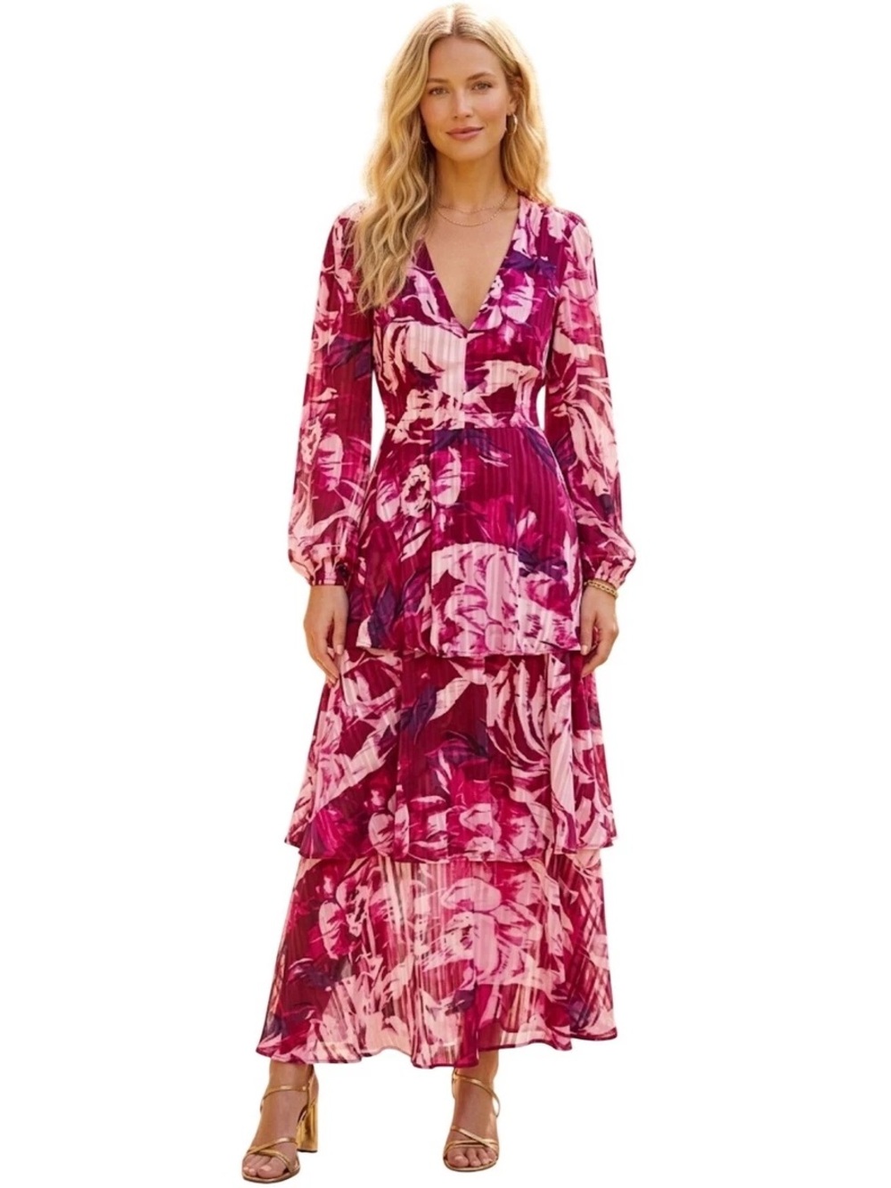 RACHEL Rachel Roy Blazing Rose Tiered Maxi Dress Size 6 NWT